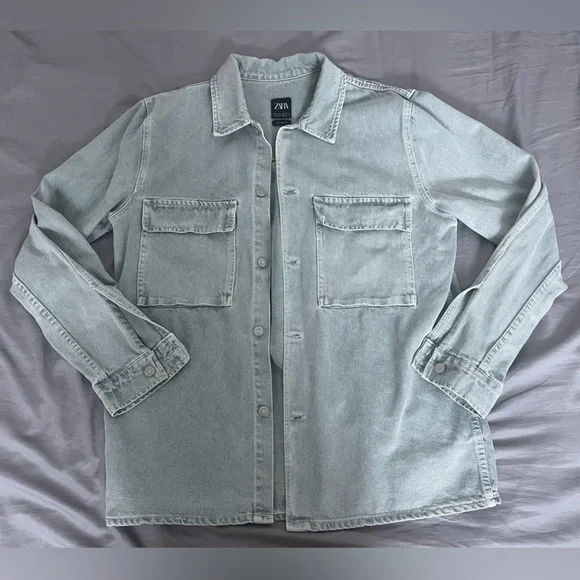 Zara Jackets Coats Zara Mens Light Green Denim Over Shirt
